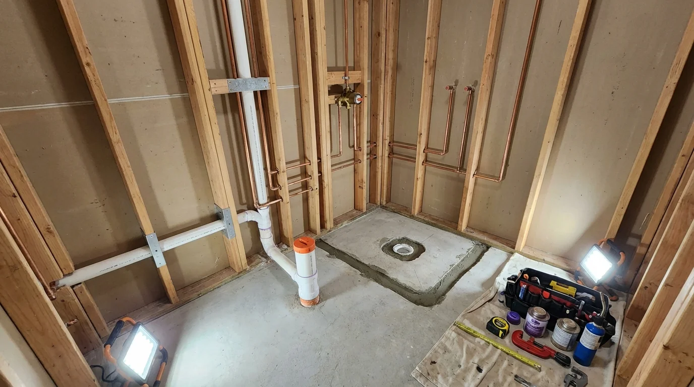 Bathroom rough-in plumbing during remodel by Johns Plumbing LLC in Sand Springs