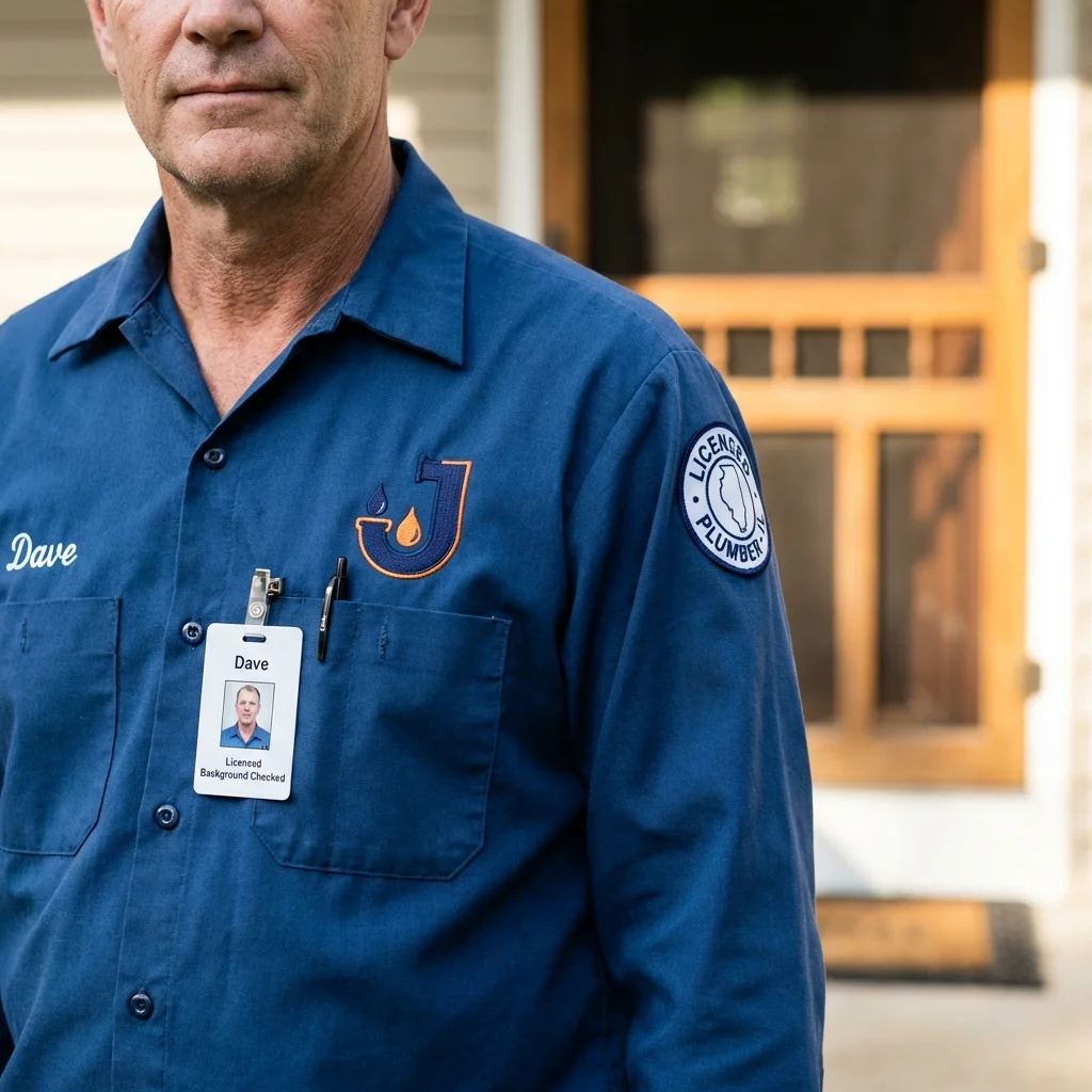 Licensed plumber showing ID badge in Sand Springs, OK