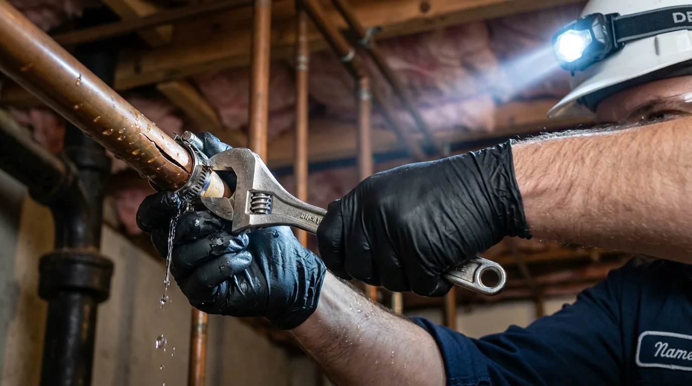 Emergency pipe clamp repair being performed by a Johns Plumbing LLC plumber in Sand Springs
