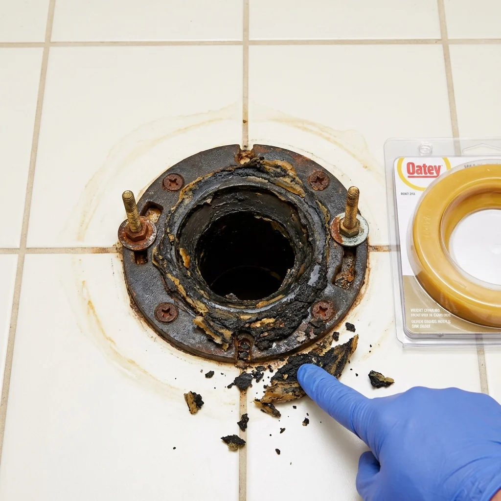 Failed wax ring showing water seepage at the base of a toilet in a Sand Springs, OK home