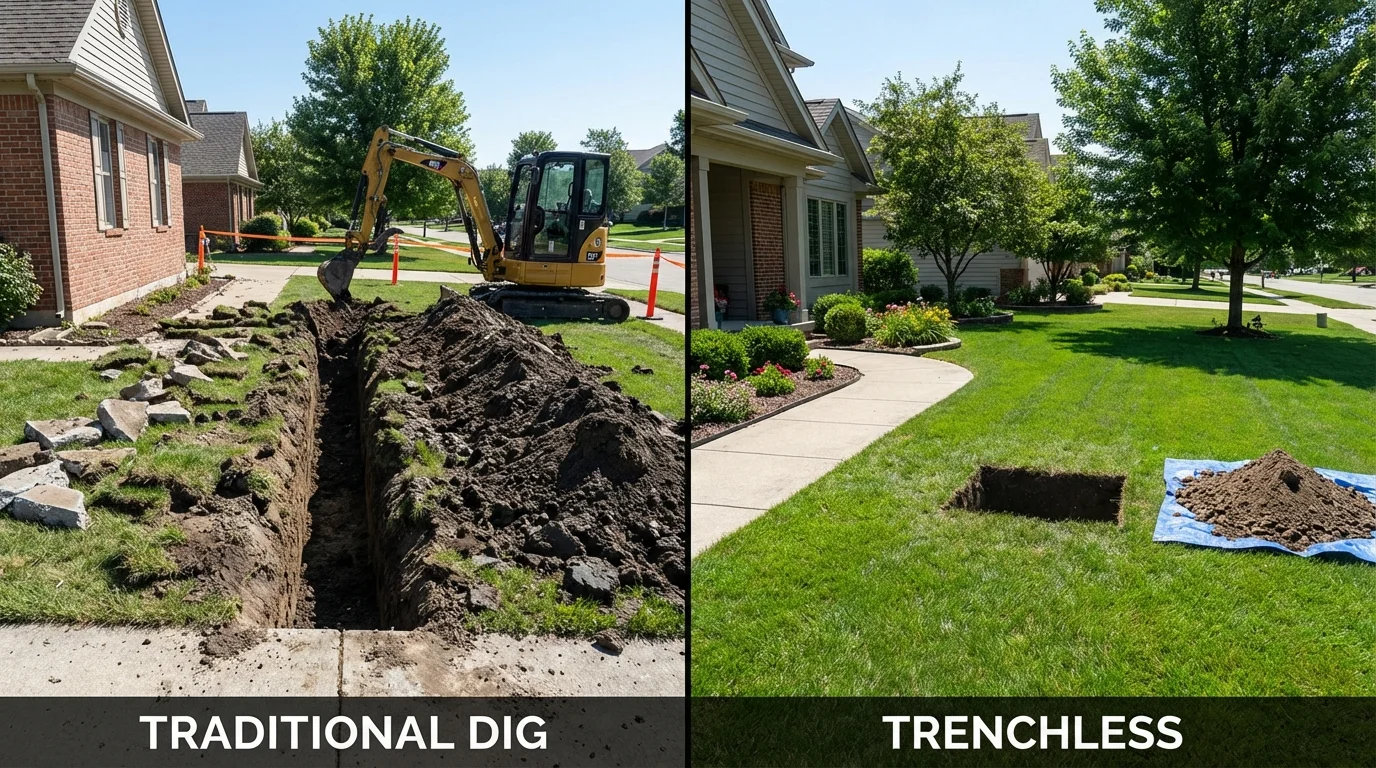 Trenchless sewer repair with minimal yard damage versus traditional excavation in Sand Springs, OK