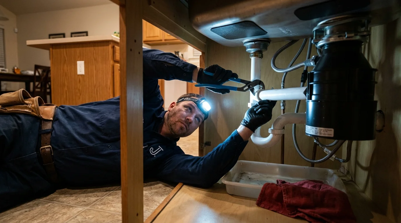 P-trap and supply line connections under a kitchen sink showing a common leak point in Sand Springs, OK